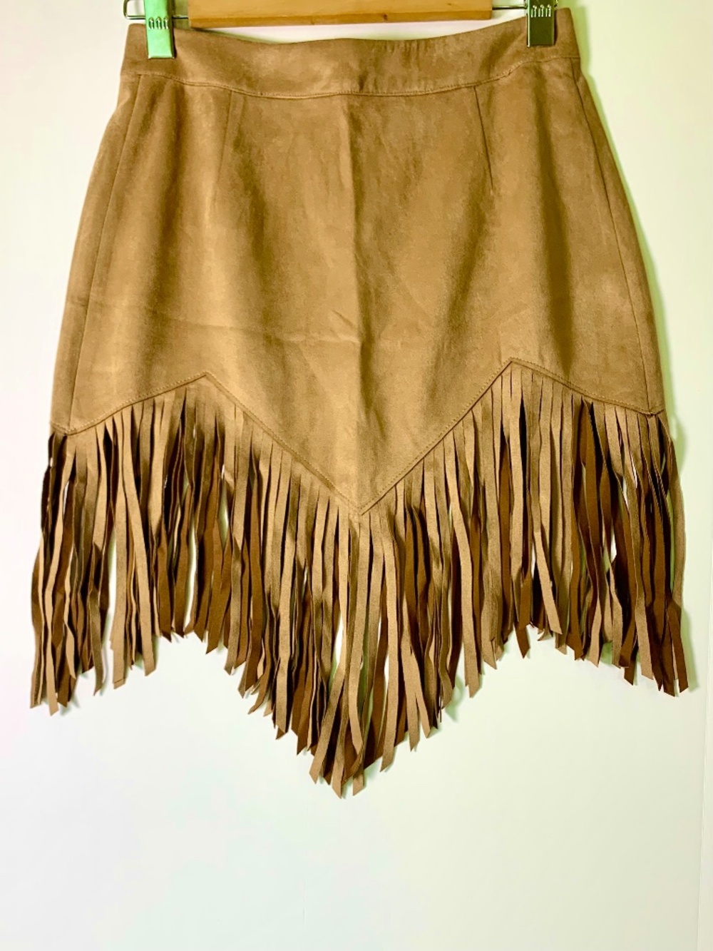 Camel Brown suede v-shape fringe trim mini skirt vertical tassels boho western